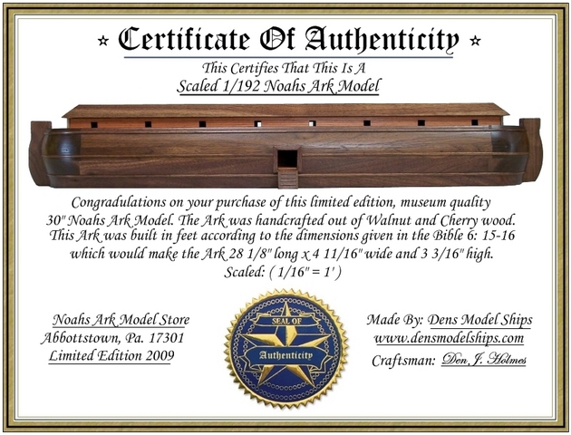Noahs Ark Certificate of Authenticity